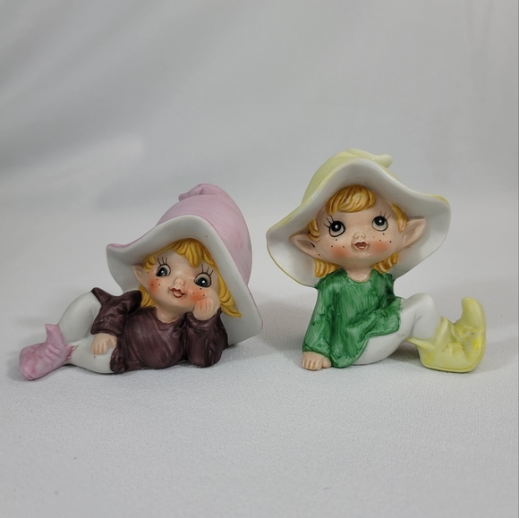 (2) Vtg Pixie Elves Porcelain Shelf Sitter Figures - Picture 1 of 11